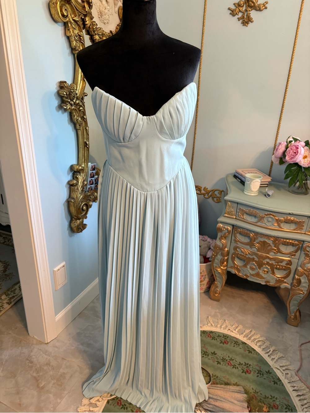 House of CB Strapless Pleated Light Blue Gown